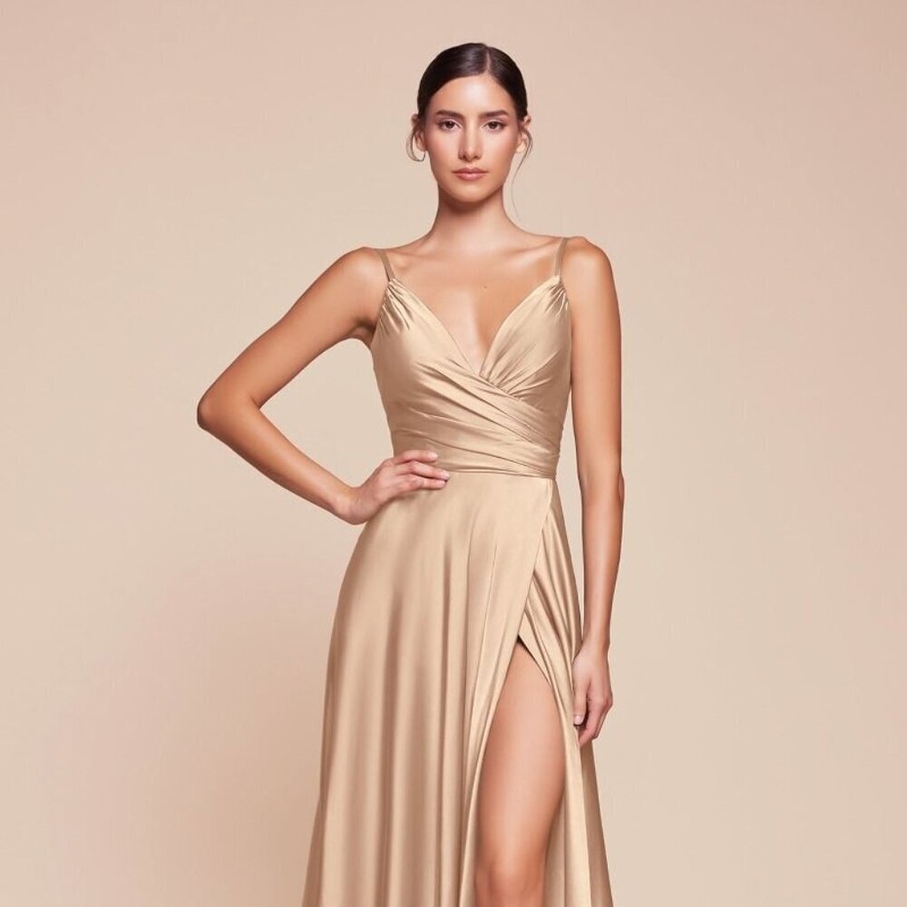 NEW V-NECKLINE A-LINE FASHIONABLE SATIN DRESS WITH ADJUSTABLE STRAPS CD 7485